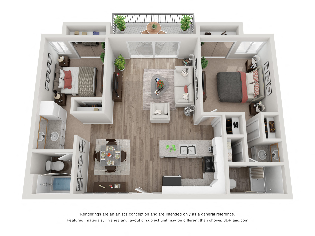 Floor plan for 2 beds, 2 baths, 1002 sqft